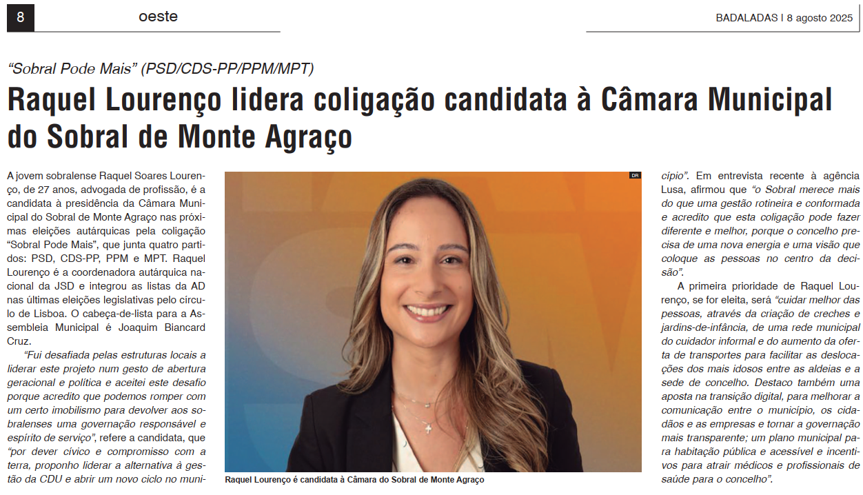 Notícia do Jornal Badaladas sobre a Candidatura de Raquel Lourenço e da Coligação Sobral Pode Mais🟧🟦🟩